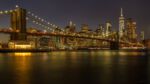 New York, Brooklyn Bridge at night , showing the One World Trade Center